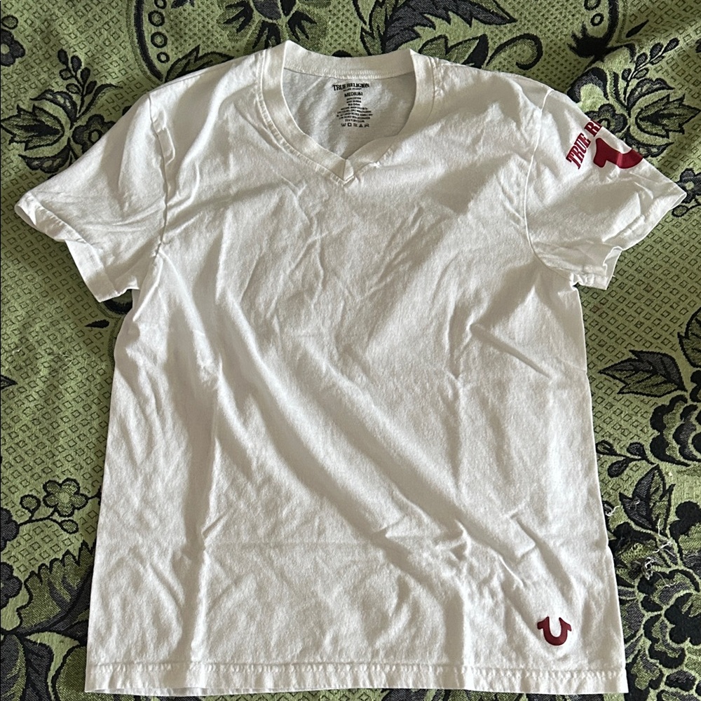 True Religion White and Red V-Neck Tee